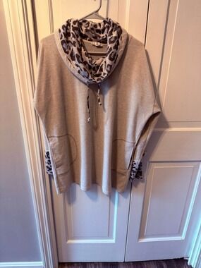 Tribal Jeans Taupe Cowl-Neck Sweater with Leopard-Trim Accents